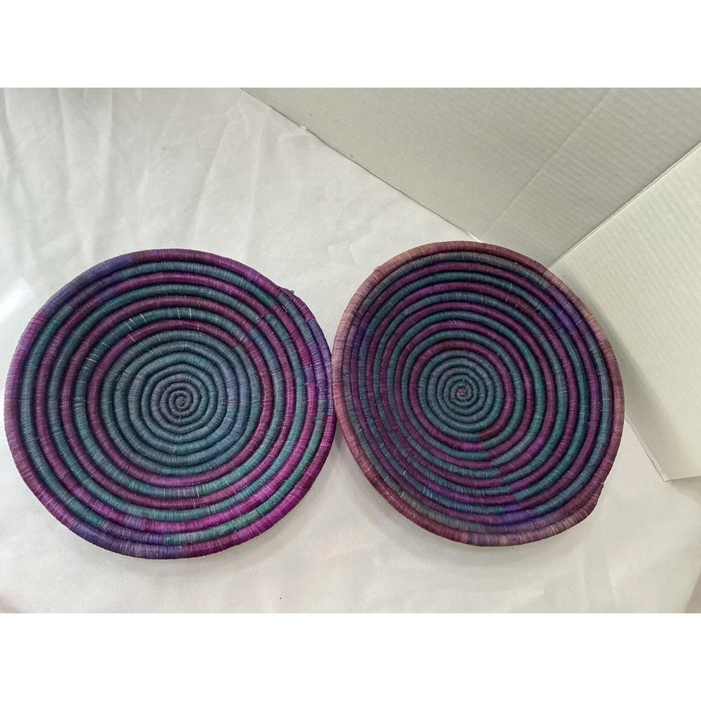 Set of 2 Handcrafted Woven Wall Baskets Purple Teal Boho Spiral Coiled Plates 10